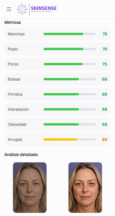 Pantalla de métricas de piel en la app de Skinsense
